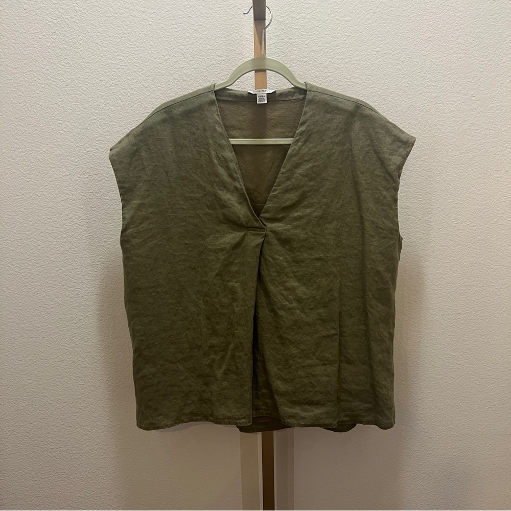 Pure Navy Linen Sleeveless Lagenlook Blouse Olive Green XL